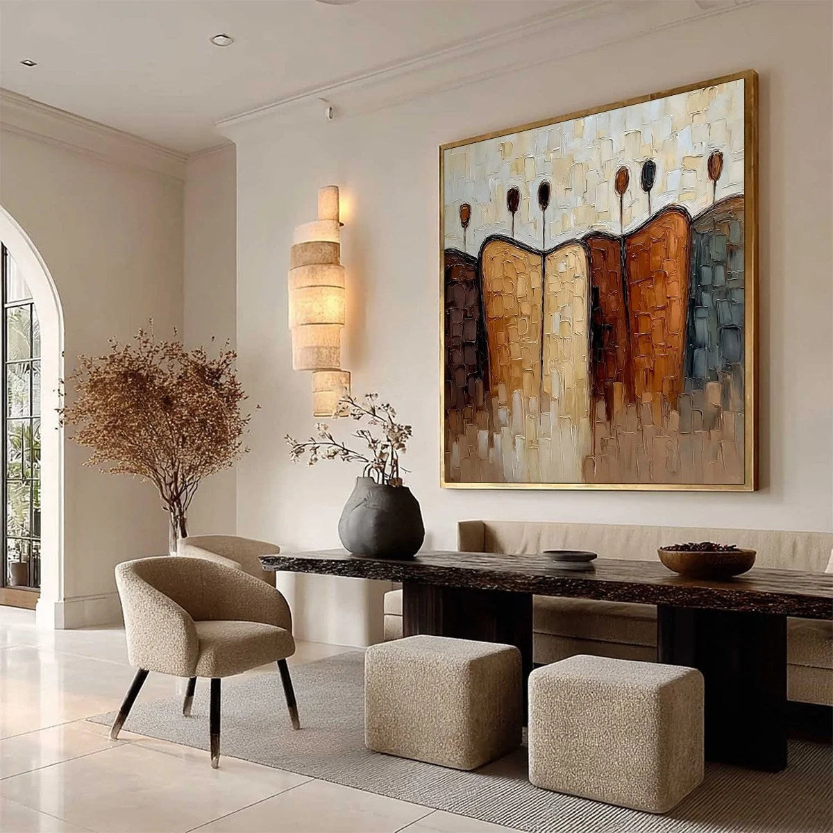 CONVERGENCE: Textured Abstract Figurative Impasto Painting | beige palette, original Hand-painted on premium stretched canvas using artist-grade oils; rich layered surface combines smooth gradients...