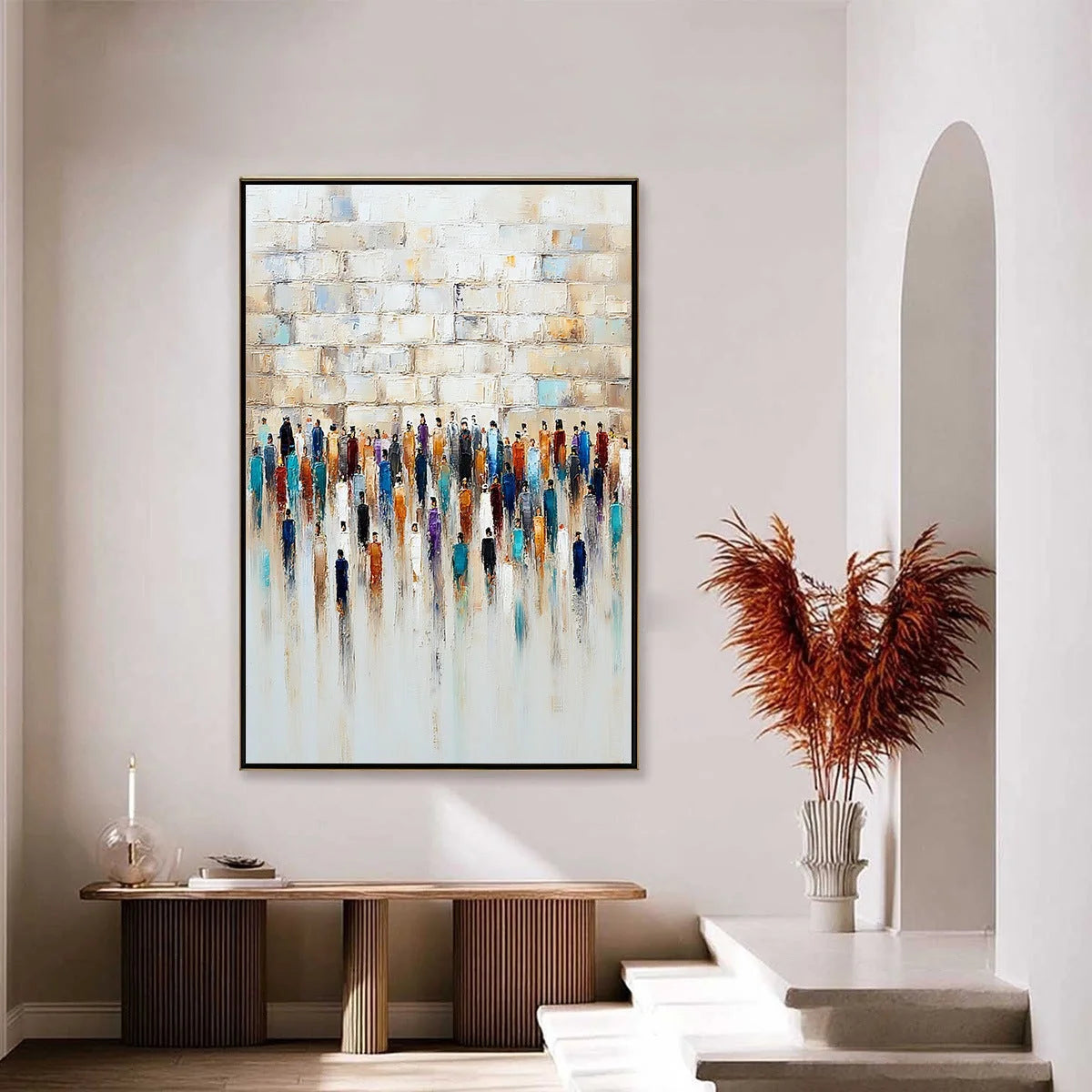 CONVERGENCE: Textured Abstract Figurative Painting of People Gathering | gold frame stretched on neutral wall
