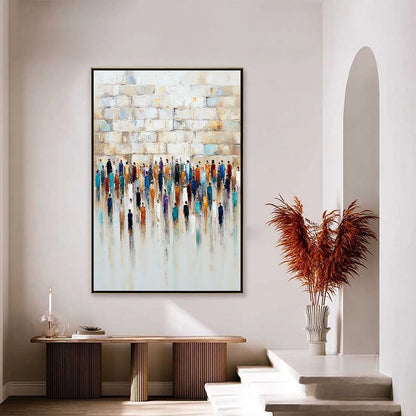 CONVERGENCE: Textured Abstract Figurative Painting of People Gathering | gold frame stretched on neutral wall