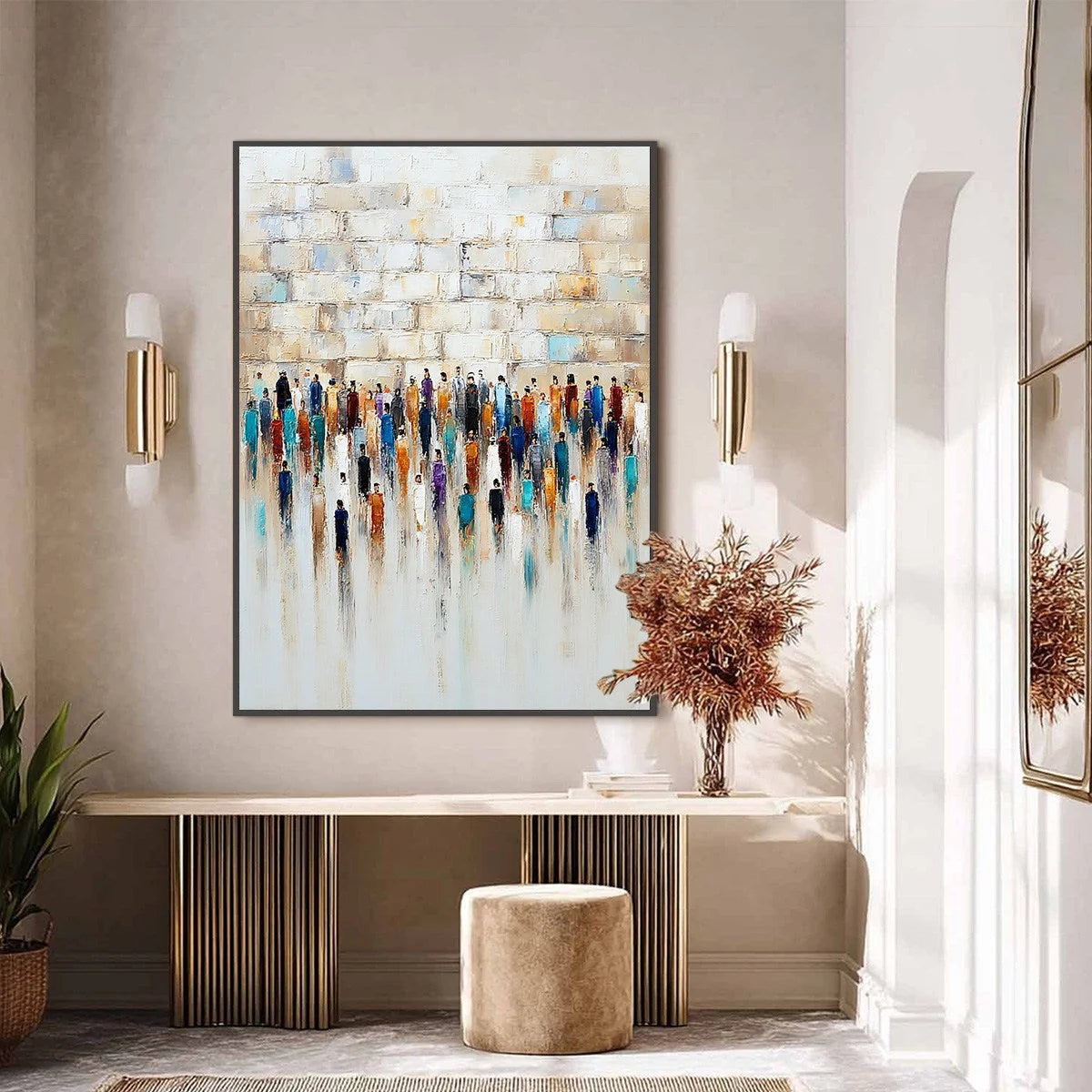 CONVERGENCE: Textured Abstract Figurative Painting of People Gathering | black frame version on white wall