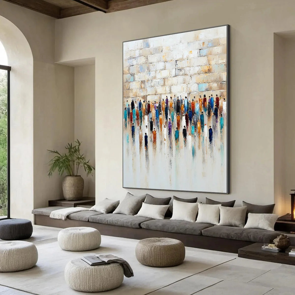 CONVERGENCE: Textured Abstract Figurative Painting of People Gathering | beige palette, original Hand-painted on premium stretched canvas using artist-grade oils; rich layered surface combines smoo...