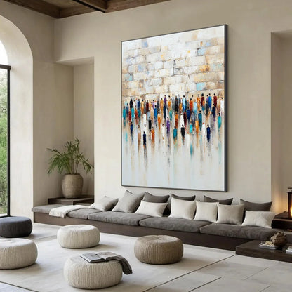 CONVERGENCE: Textured Abstract Figurative Painting of People Gathering | beige palette, original Hand-painted on premium stretched canvas using artist-grade oils; rich layered surface combines smoo...