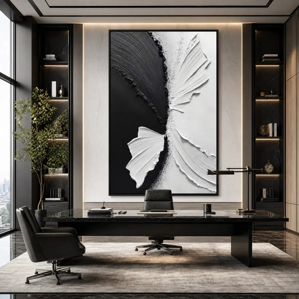 CONVERGENCE: Textured Black and White Minimalist Impasto Wall Art | Minimalist closeup, raised brushwork detail