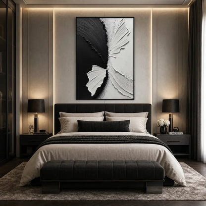 CONVERGENCE: Textured Black and White Minimalist Impasto Wall Art | gold frame stretched on neutral wall