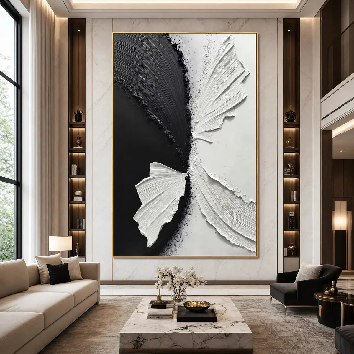 CONVERGENCE: Textured Black and White Minimalist Impasto Wall Art | black frame version on white wall