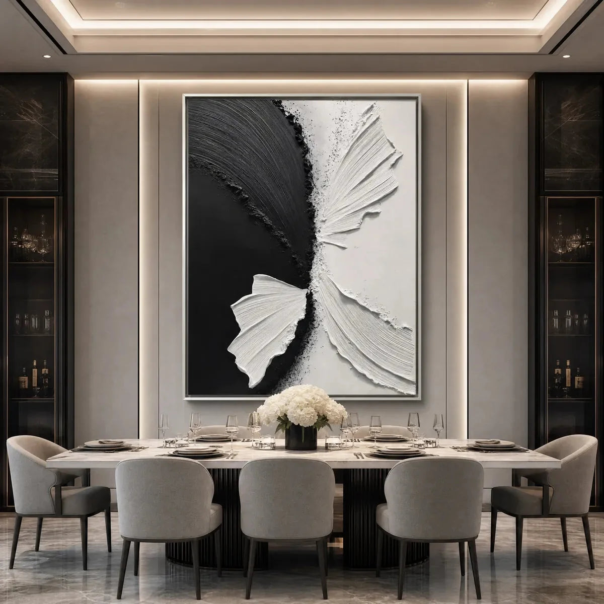 CONVERGENCE: Textured Black and White Minimalist Impasto Wall Art | Minimalist mood, soft natural light studio shot