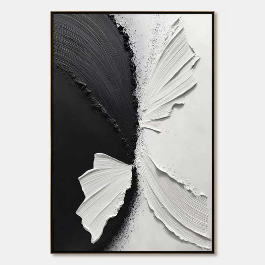 CONVERGENCE: Textured Black and White Minimalist Impasto Wall Art | hanging in CONVERGENCE: Textured Black and White Minimalist Impasto Wall Art featuring layered textured brushwork in refined tone...