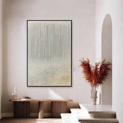 CONVERGENCE: Textured Minimalist Wabi Sabi Abstract Painting in White | gold frame stretched on neutral wall
