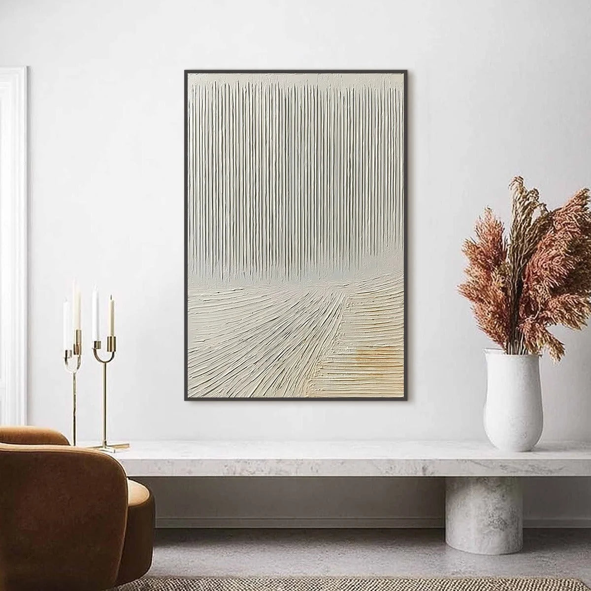 CONVERGENCE: Textured Minimalist Wabi Sabi Abstract Painting in White | black frame version on white wall