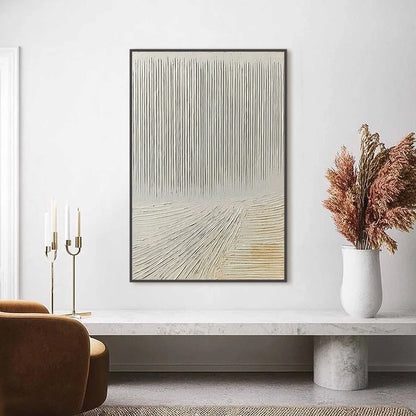 CONVERGENCE: Textured Minimalist Wabi Sabi Abstract Painting in White | black frame version on white wall