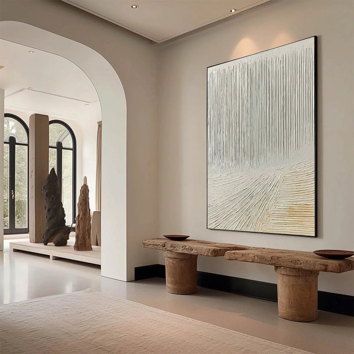 CONVERGENCE: Textured Minimalist Wabi Sabi Abstract Painting in White | Minimalist mood, soft natural light studio shot
