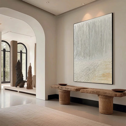 CONVERGENCE: Textured Minimalist Wabi Sabi Abstract Painting in White | Minimalist mood, soft natural light studio shot