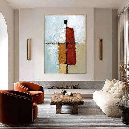 CONVERGENCE: Vertical Abstract Figurative Textured Oil Painting | gold frame stretched on neutral wall
