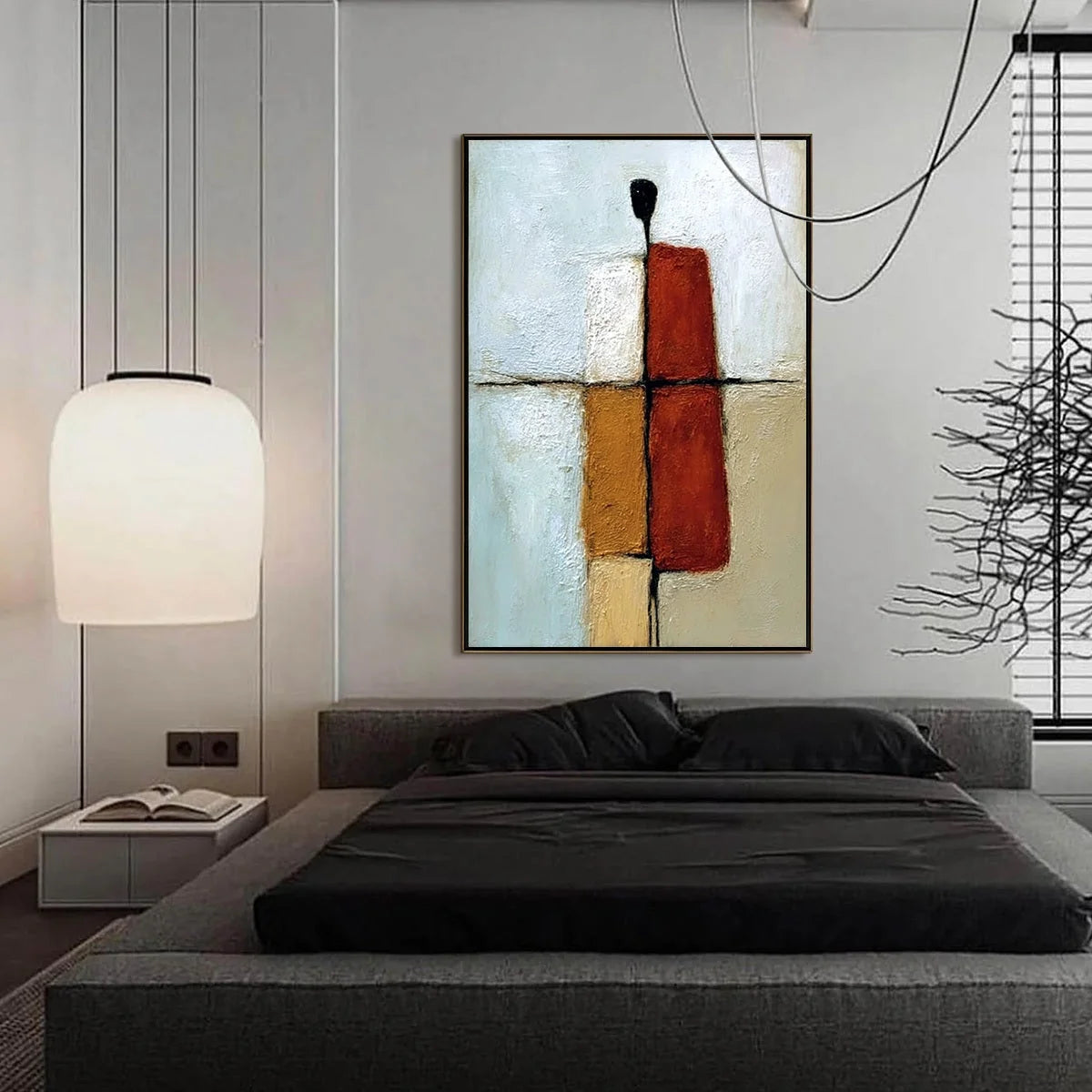 CONVERGENCE: Vertical Abstract Figurative Textured Oil Painting | black frame version on white wall