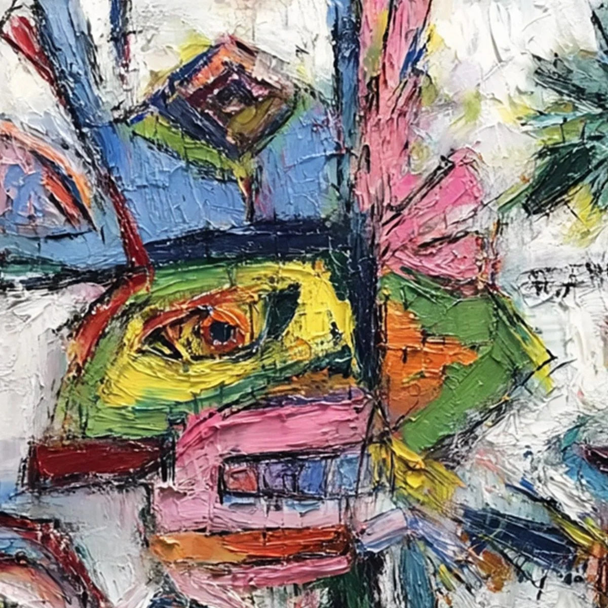 CONVERSATION PIECES: Vibrant Textured Abstract Figurative Painting | rectangular format, hand-painted canvas edge