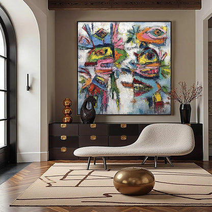 CONVERSATION PIECES: Vibrant Textured Abstract Figurative Painting | gold frame stretched on neutral wall