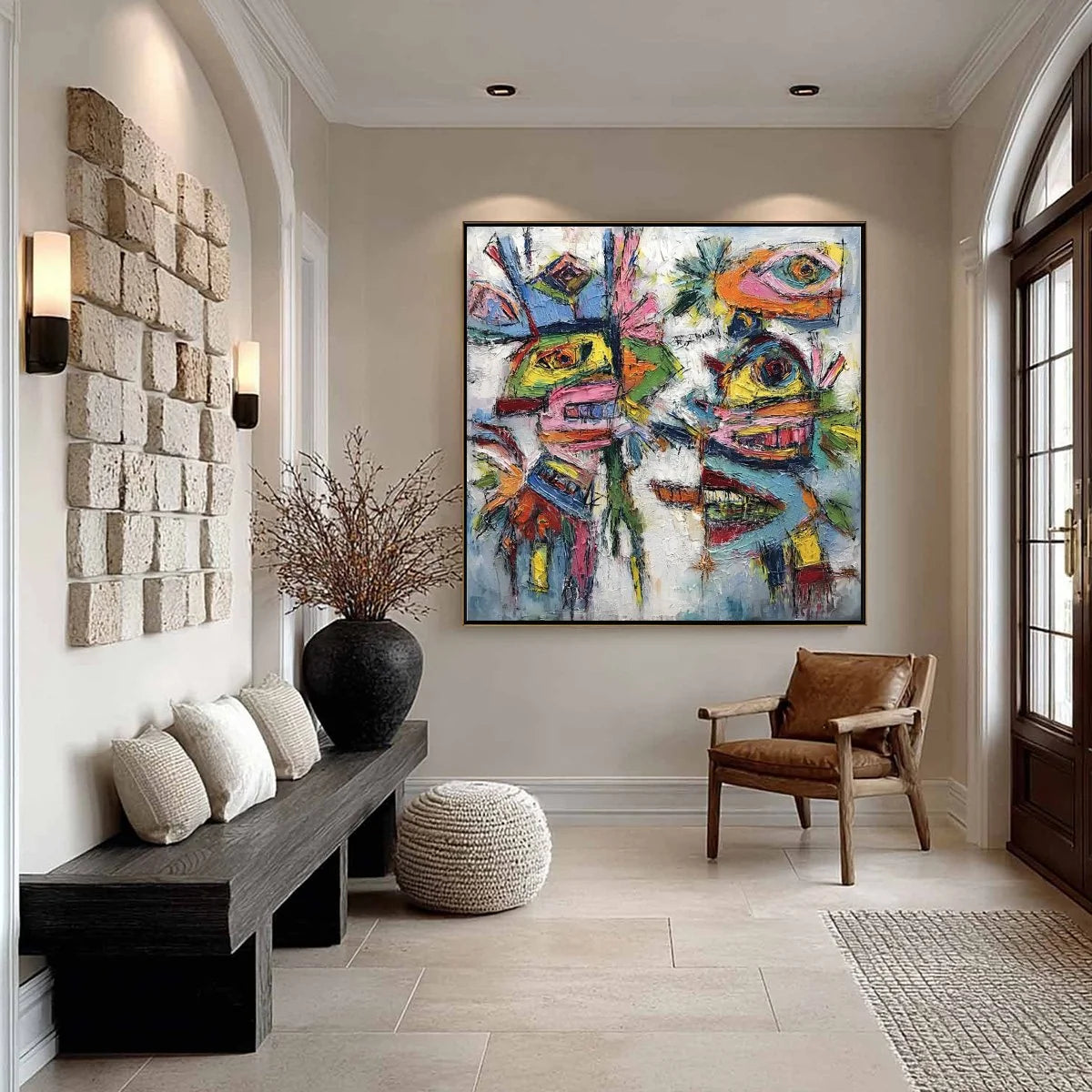CONVERSATION PIECES: Vibrant Textured Abstract Figurative Painting | black frame version on white wall