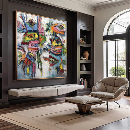 CONVERSATION PIECES: Vibrant Textured Abstract Figurative Painting | Figurative mood, soft natural light studio shot
