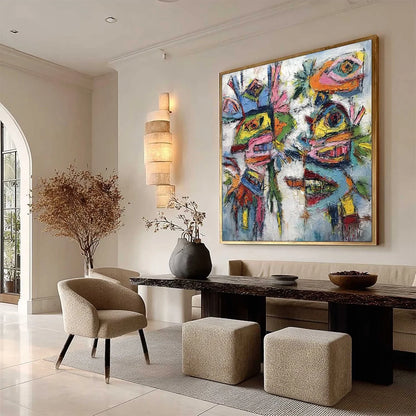 CONVERSATION PIECES: Vibrant Textured Abstract Figurative Painting | beige palette, original Hand-painted on premium stretched canvas using artist-grade oils; rich layered surface combines smooth g...