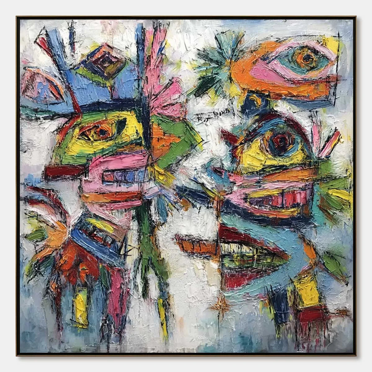 CONVERSATION PIECES: Vibrant Textured Abstract Figurative Painting | hanging in CONVERSATION PIECES: Vibrant Textured Abstract Figurative Painting featuring layered textured brushwork in refined to...