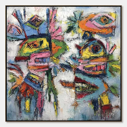 CONVERSATION PIECES: Vibrant Textured Abstract Figurative Painting | hanging in CONVERSATION PIECES: Vibrant Textured Abstract Figurative Painting featuring layered textured brushwork in refined to...