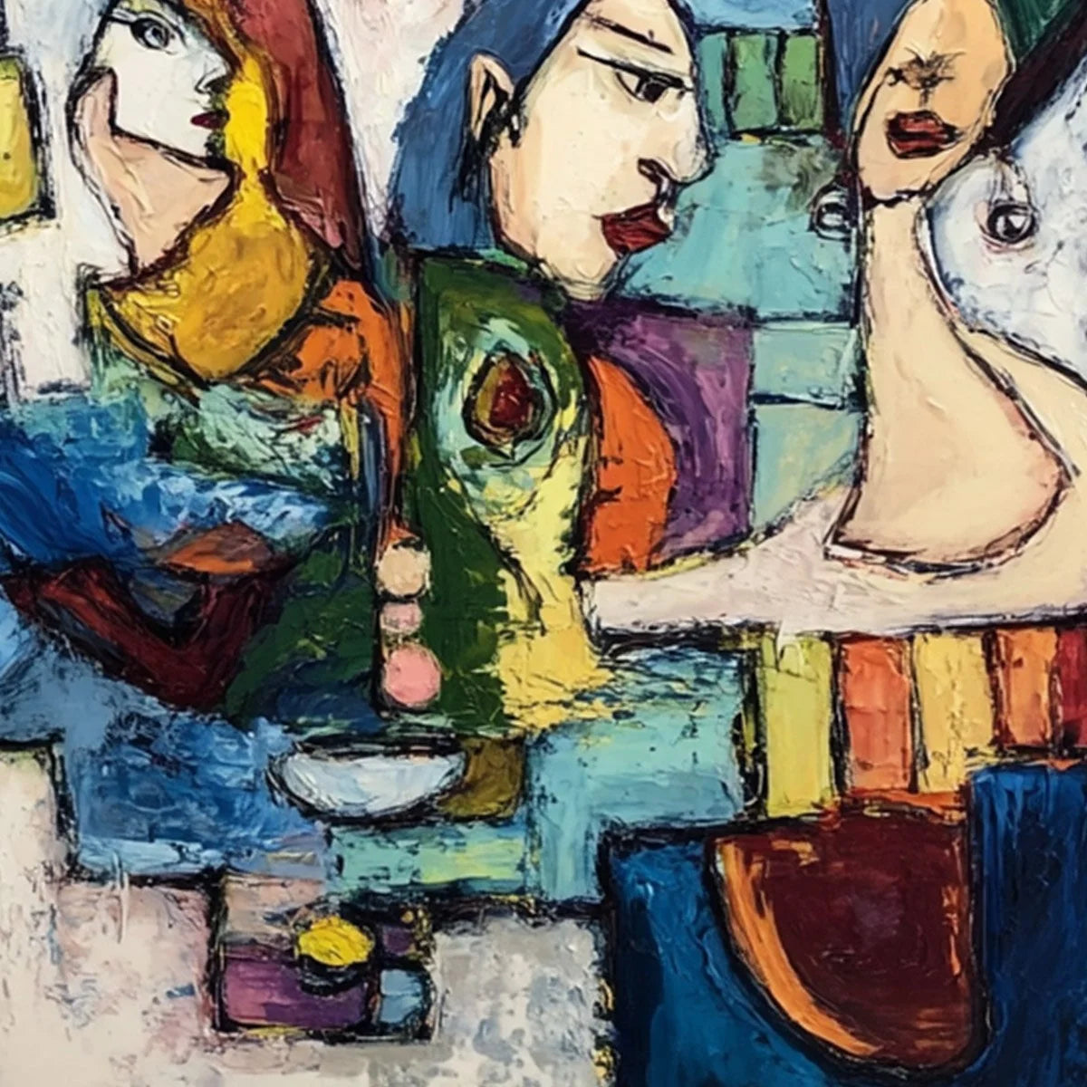 CONVERSATIONS: Colorful Abstract Figurative People Painting | rectangular format, hand-painted canvas edge