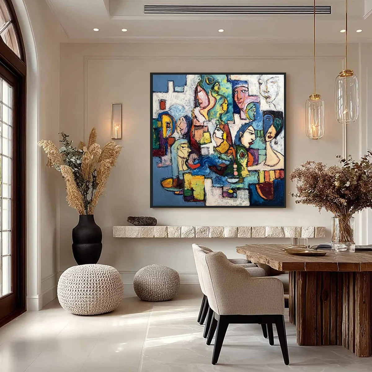 CONVERSATIONS: Colorful Abstract Figurative People Painting | gold frame stretched on neutral wall