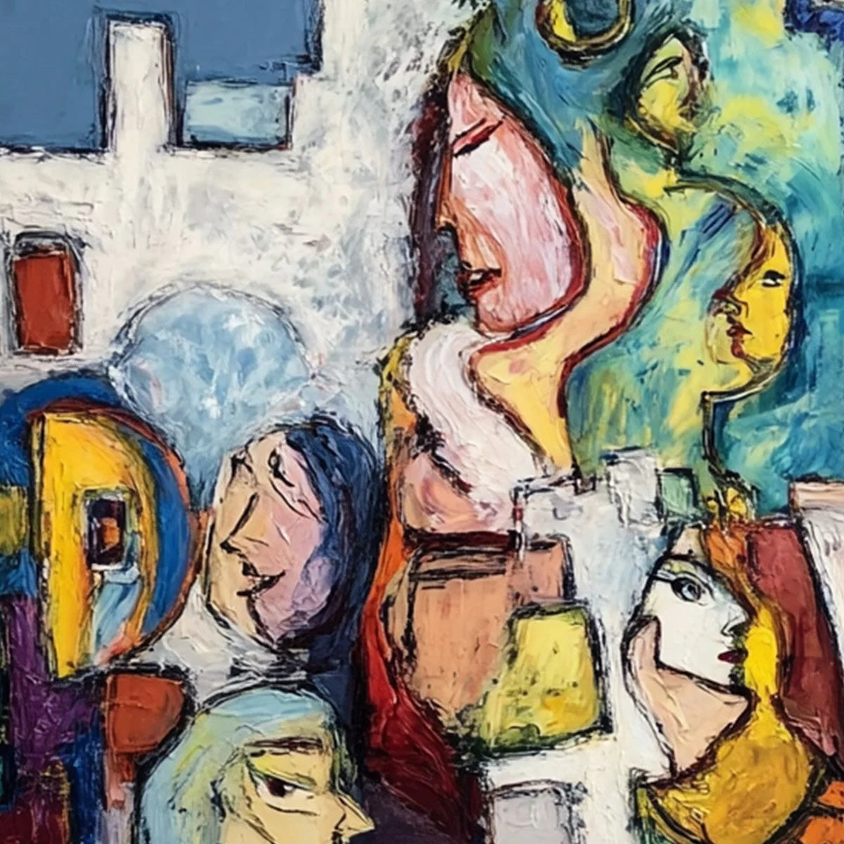 CONVERSATIONS: Colorful Abstract Figurative People Painting | rolled canvas, ready for custom framing