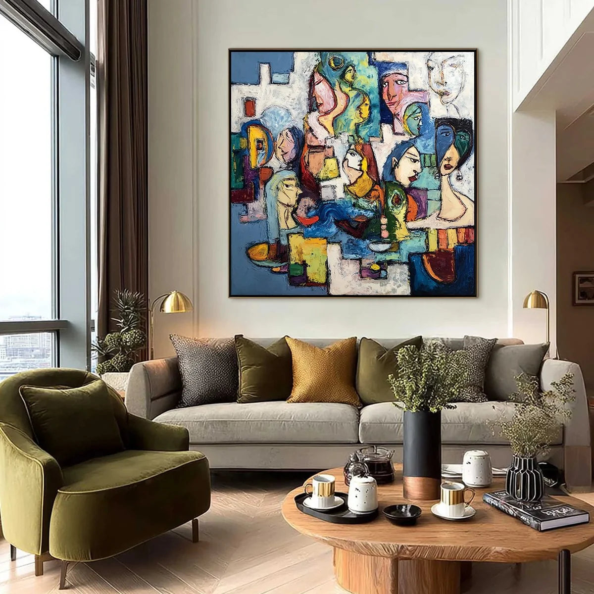 CONVERSATIONS: Colorful Abstract Figurative People Painting | black frame version on white wall