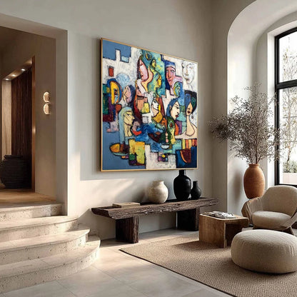 CONVERSATIONS: Colorful Abstract Figurative People Painting | beige palette, original Hand-painted on premium stretched canvas using artist-grade oils; rich layered surface combines smooth gradient...