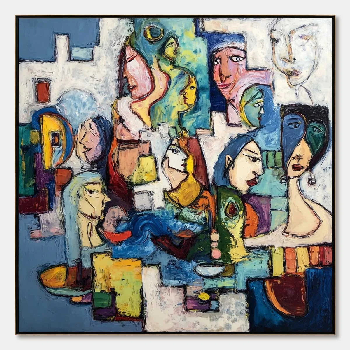 CONVERSATIONS: Colorful Abstract Figurative People Painting | hanging in CONVERSATIONS: Colorful Abstract Figurative People Painting featuring layered textured brushwork in refined tones; figurativ...
