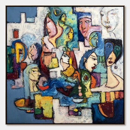 CONVERSATIONS: Colorful Abstract Figurative People Painting | hanging in CONVERSATIONS: Colorful Abstract Figurative People Painting featuring layered textured brushwork in refined tones; figurativ...