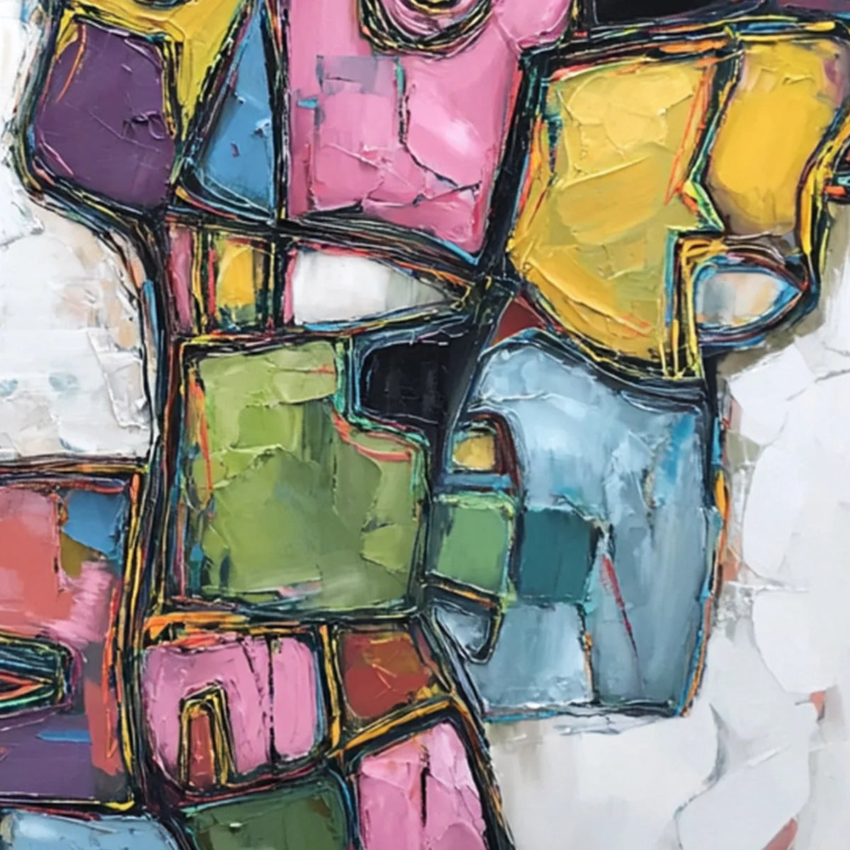 CONVERSATIONS IN COLOR: Large Colorful Abstract Impasto Figurative Painting | rectangular format, hand-painted canvas edge