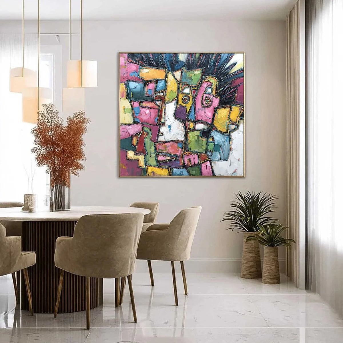 CONVERSATIONS IN COLOR: Large Colorful Abstract Impasto Figurative Painting | gold frame stretched on neutral wall