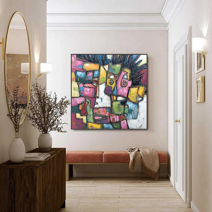 CONVERSATIONS IN COLOR: Large Colorful Abstract Impasto Figurative Painting | black frame version on white wall