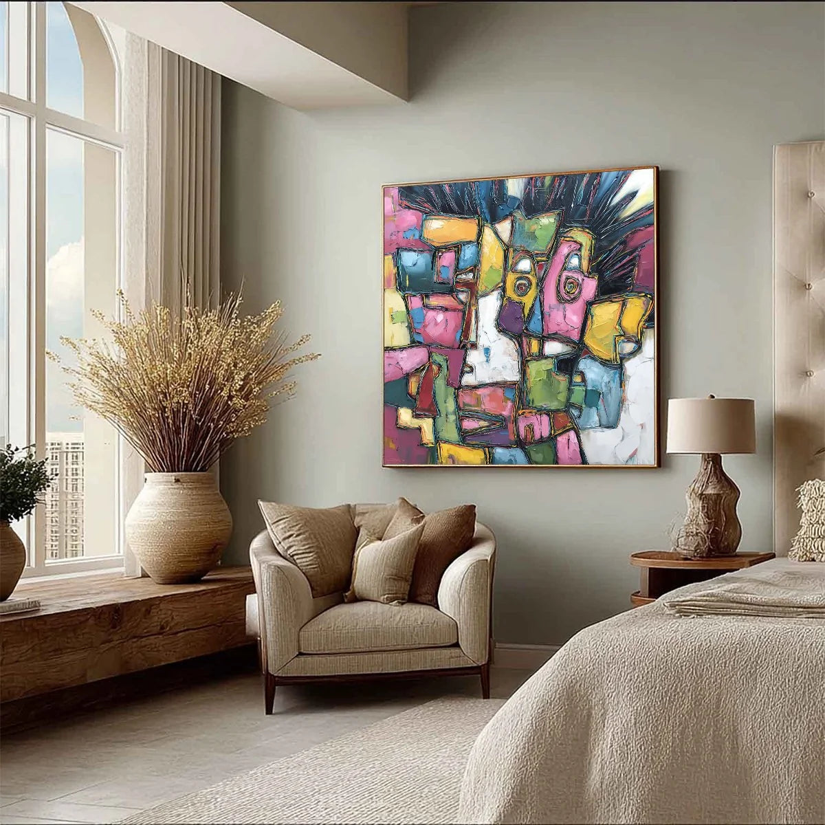 CONVERSATIONS IN COLOR: Large Colorful Abstract Impasto Figurative Painting | beige palette, original Hand-painted on premium stretched canvas using artist-grade oils; rich layered surface combines...