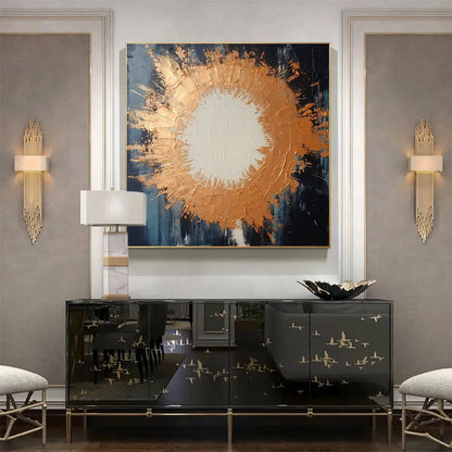 COPPER NOVA: Square Abstract Oil Painting with Copper and Dark Blue | gold frame stretched on neutral wall