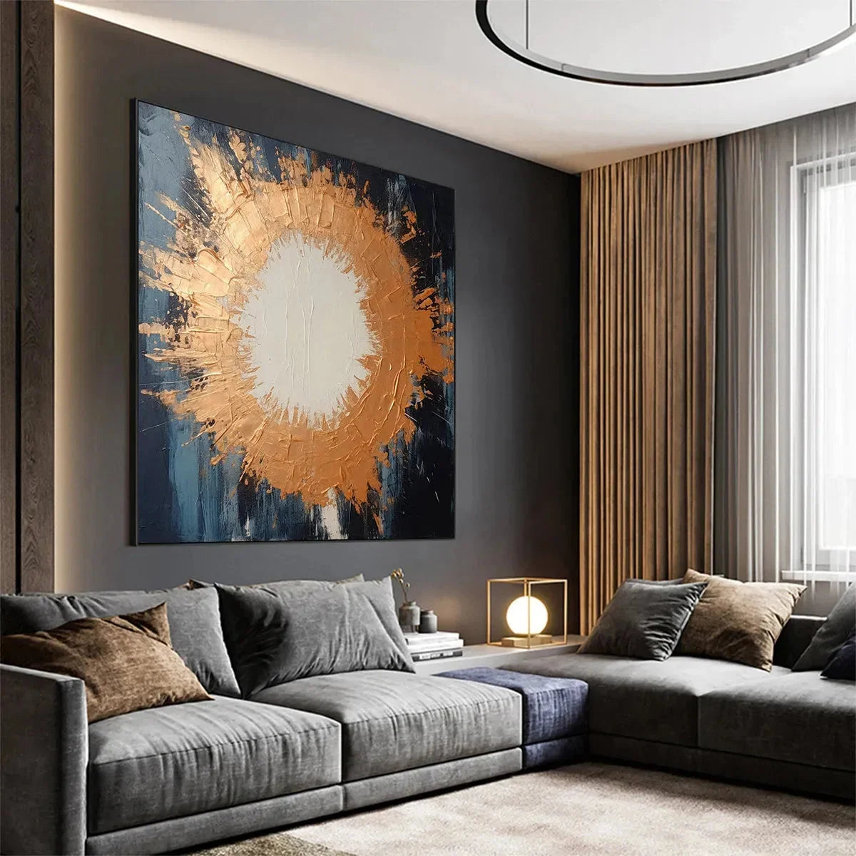 COPPER NOVA: Square Abstract Oil Painting with Copper and Dark Blue | rolled canvas, ready for custom framing