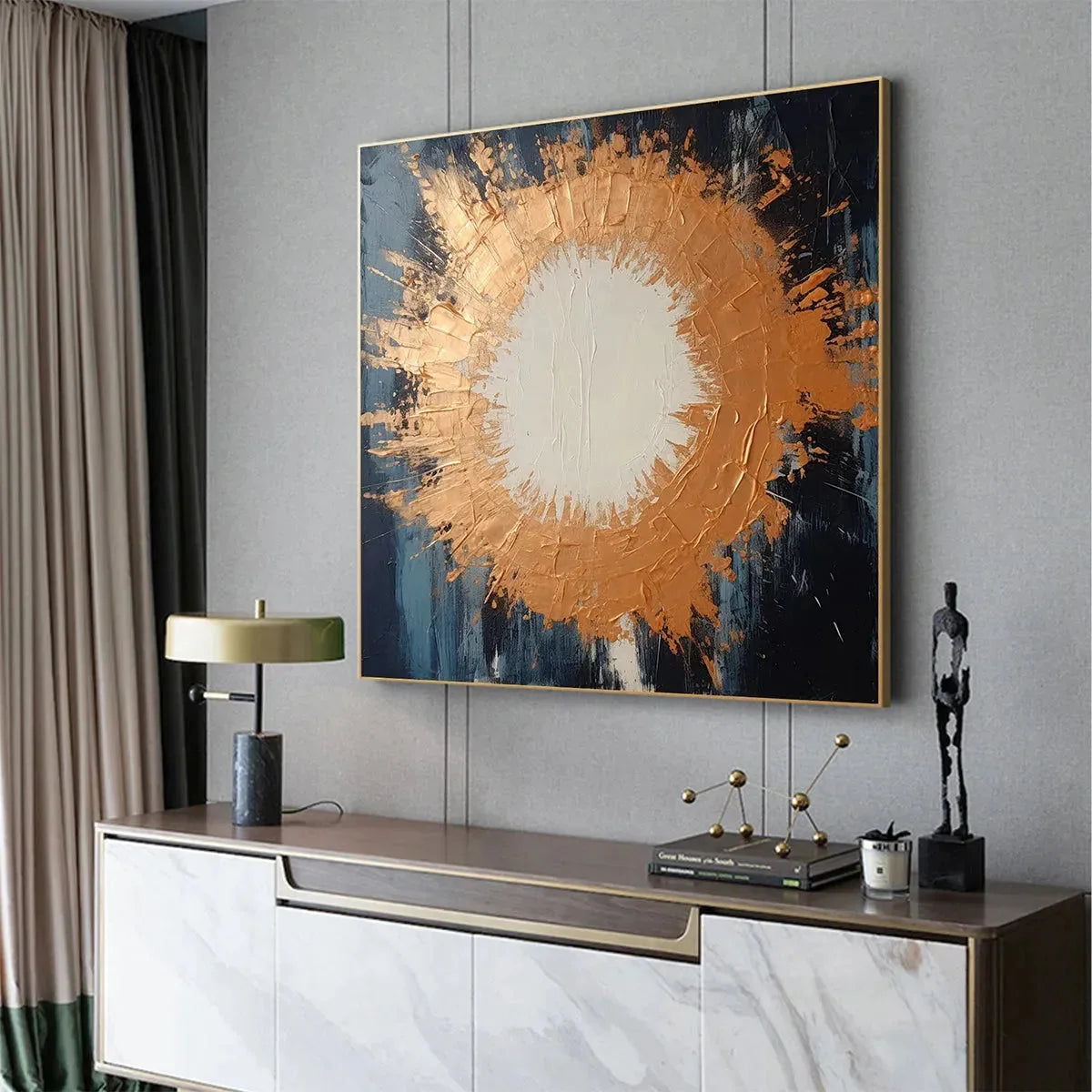 COPPER NOVA: Square Abstract Oil Painting with Copper and Dark Blue | Abstract mood, soft natural light studio shot