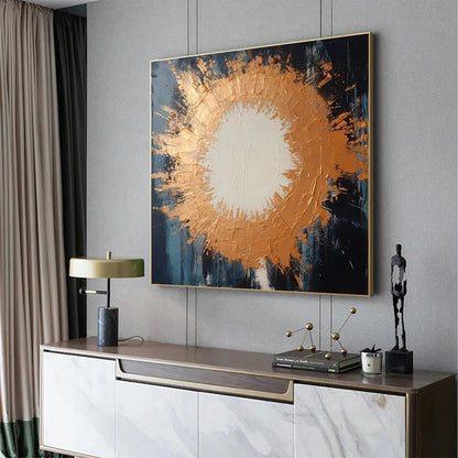 COPPER NOVA: Square Abstract Oil Painting with Copper and Dark Blue | Abstract mood, soft natural light studio shot