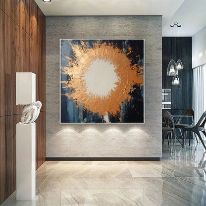 COPPER NOVA: Square Abstract Oil Painting with Copper and Dark Blue | blue palette, original Hand-painted on premium stretched canvas using artist-grade oils; rich layered surface combines smooth g...