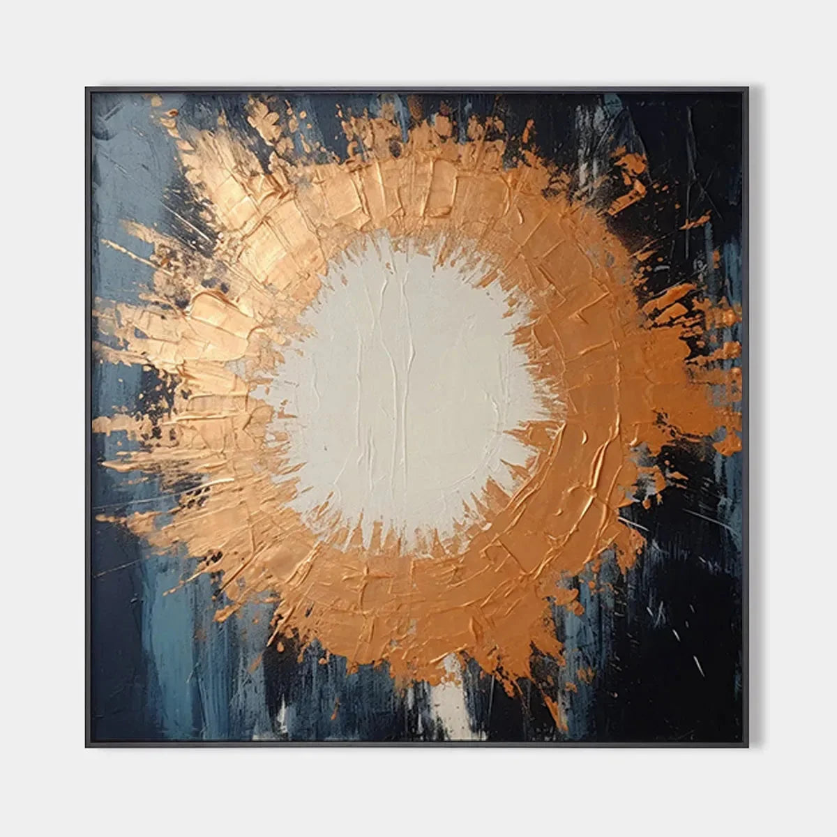 COPPER NOVA: Square Abstract Oil Painting with Copper and Dark Blue | hanging in COPPER NOVA: Square Abstract Oil Painting with Copper and Dark Blue featuring layered textured brushwork in refined ...