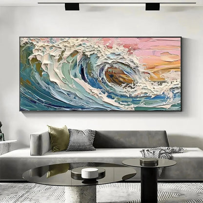 CORAL CREST: Textured Ocean Wave Painting in Pink and Blue | Abstract closeup, raised brushwork detail