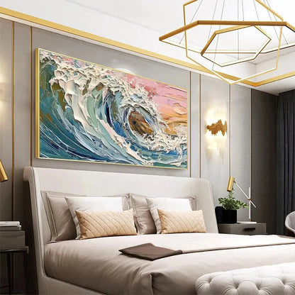 CORAL CREST: Textured Ocean Wave Painting in Pink and Blue | gold frame stretched on neutral wall