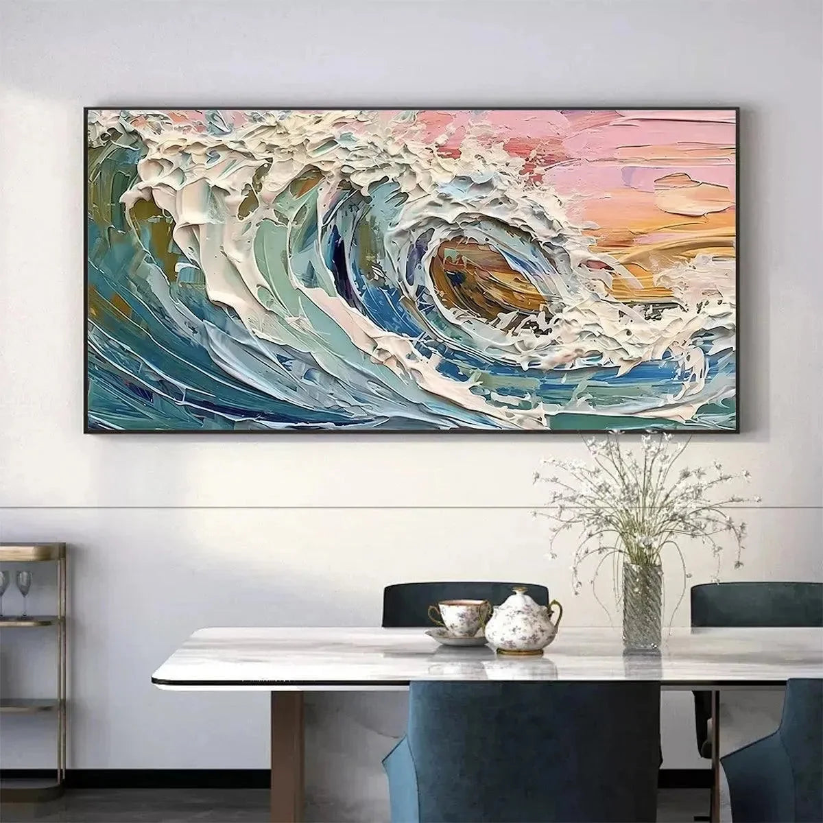 CORAL CREST: Textured Ocean Wave Painting in Pink and Blue | rolled canvas, ready for custom framing