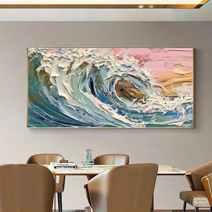 CORAL CREST: Textured Ocean Wave Painting in Pink and Blue | Abstract mood, soft natural light studio shot