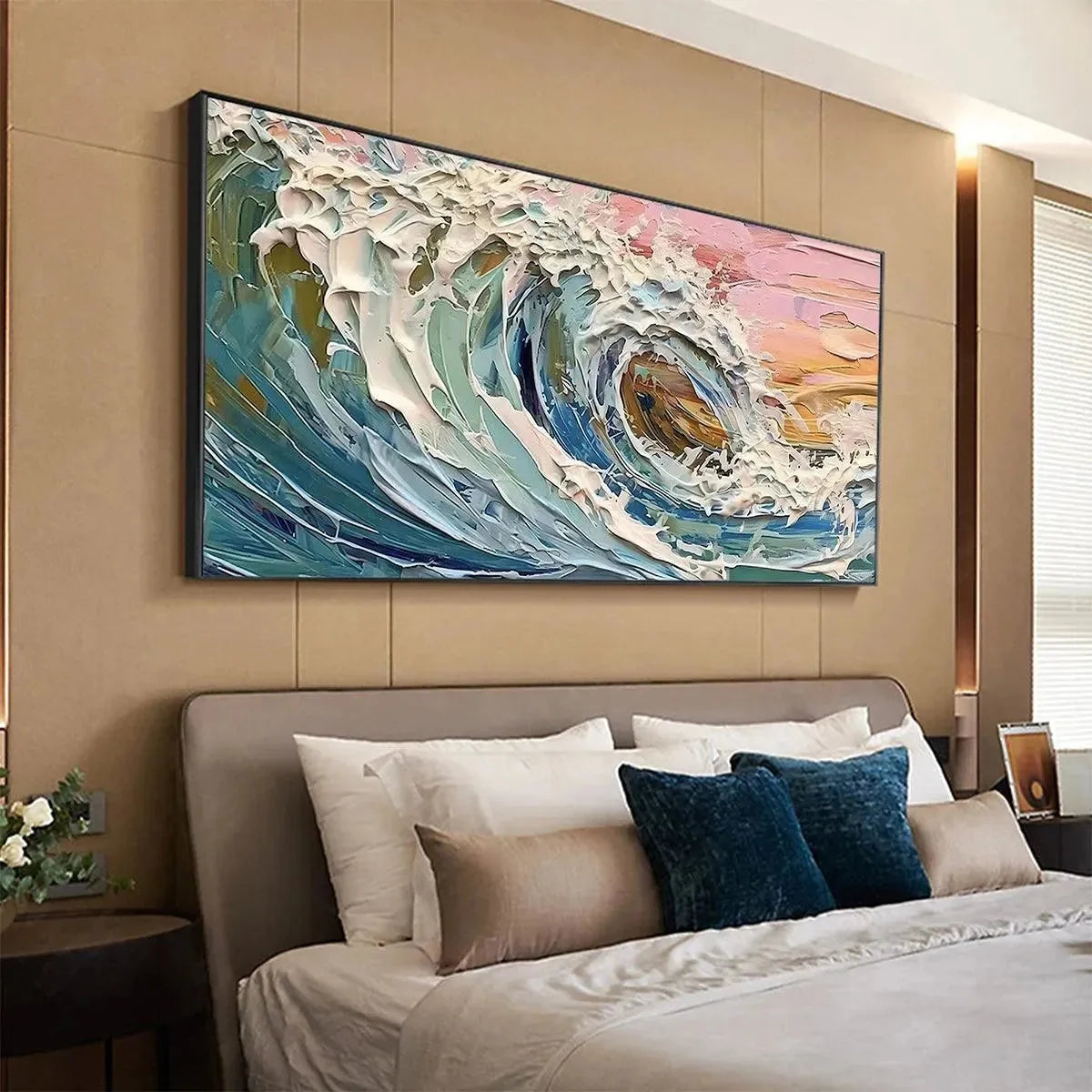 CORAL CREST: Textured Ocean Wave Painting in Pink and Blue | blue palette, original Hand-painted on premium stretched canvas using artist-grade oils; rich layered surface combines smooth gradients ...