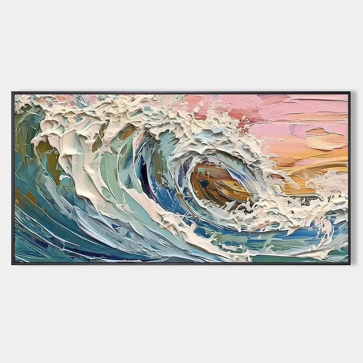 CORAL CREST: Textured Ocean Wave Painting in Pink and Blue | hanging in CORAL CREST: Textured Ocean Wave Painting in Pink and Blue featuring layered textured brushwork in refined tones; abstract co...