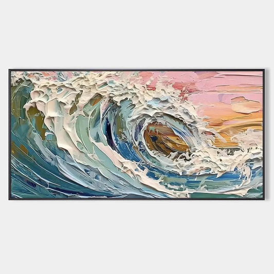 CORAL CREST: Textured Ocean Wave Painting in Pink and Blue | hanging in CORAL CREST: Textured Ocean Wave Painting in Pink and Blue featuring layered textured brushwork in refined tones; abstract co...