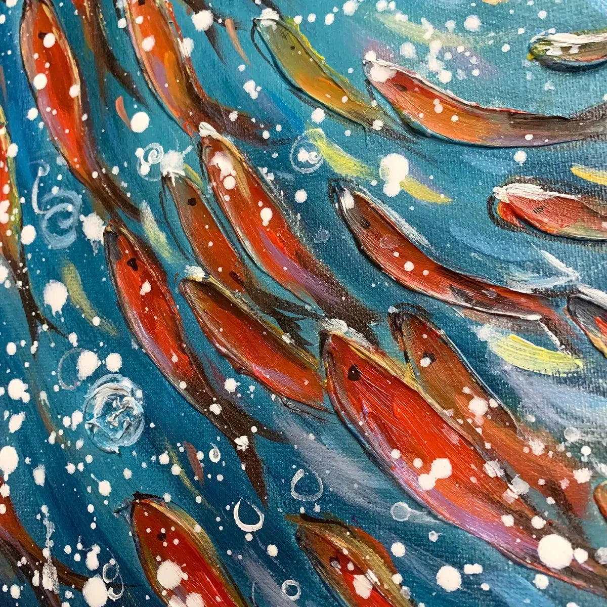 CORAL DANCE: Vibrant Underwater Fish Oil Painting | rectangular format, hand-painted canvas edge